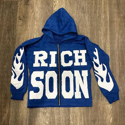 2025 New Zipper Hoodie Rich Soon Vintage Letter Patch Pattern Embroidery Longsleeved Hooded Jacket Top Kpop Street Fashion Sweatshirt Women Men