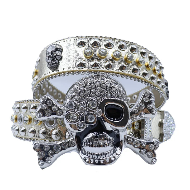 2025 New Punk Western Big Skull Sparkly Unisex Leather Bling Diamond Rhinestone Belt