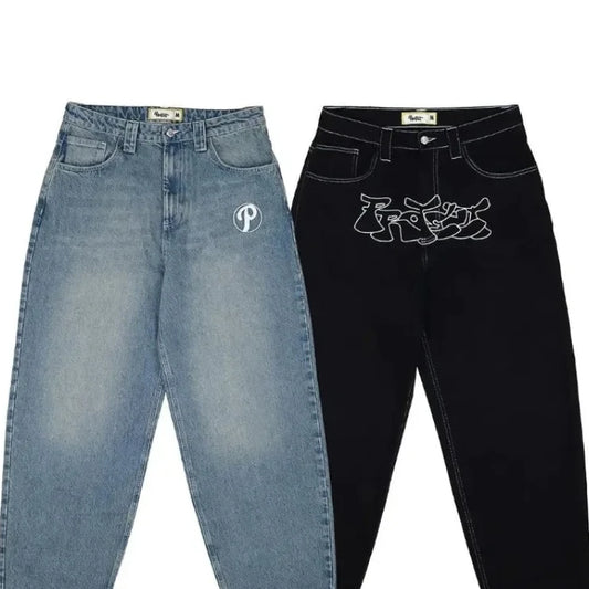 2025 Hip Hop PROTECT Streetwear Jeans Y2K mens Pants Harajuku Letter Embroidery Vintage Blue Baggy Jeans High Waist Wide Leg Trouser