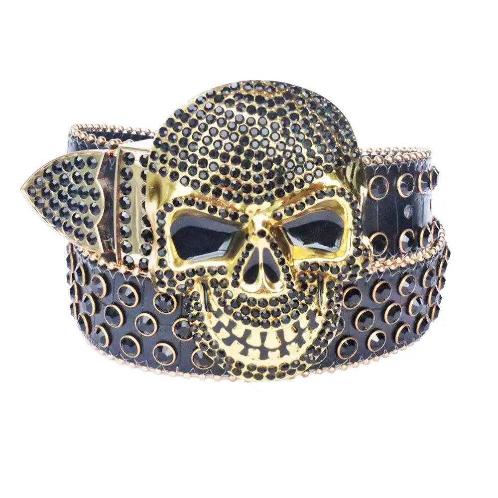 2025 New Punk Western Big Skull Sparkly Unisex Leather Bling Diamond Rhinestone Belt