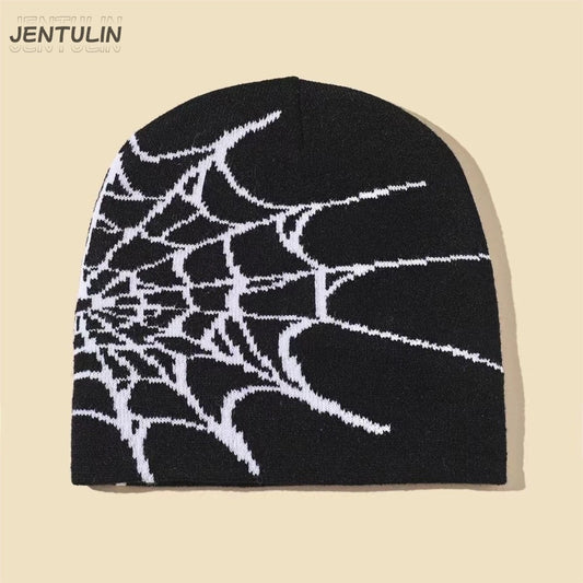 2025 New Goth Spider Web Jacquard Beanie Caps Y2K Knit Warm Hip Hop Unisex Elastic Knit Hat For Women Men Streetwear