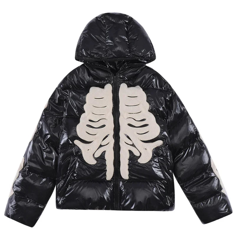 Skeleton Embroidered Glossy Puffer Jacket