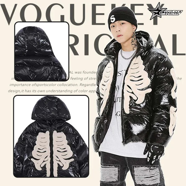 Skeleton Embroidered Glossy Puffer Jacket